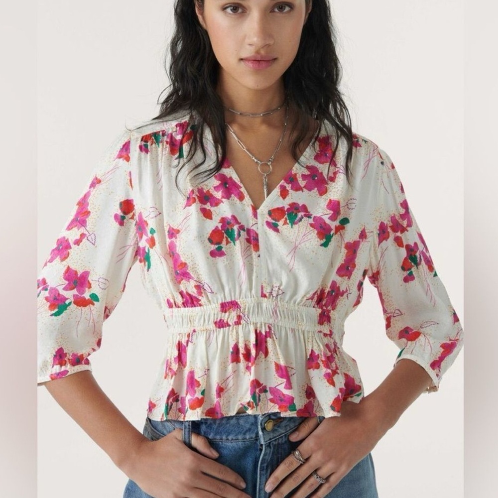 ba&sh Floral V-Neck Crop Ruffle Blouse - Pink and Cream Medium